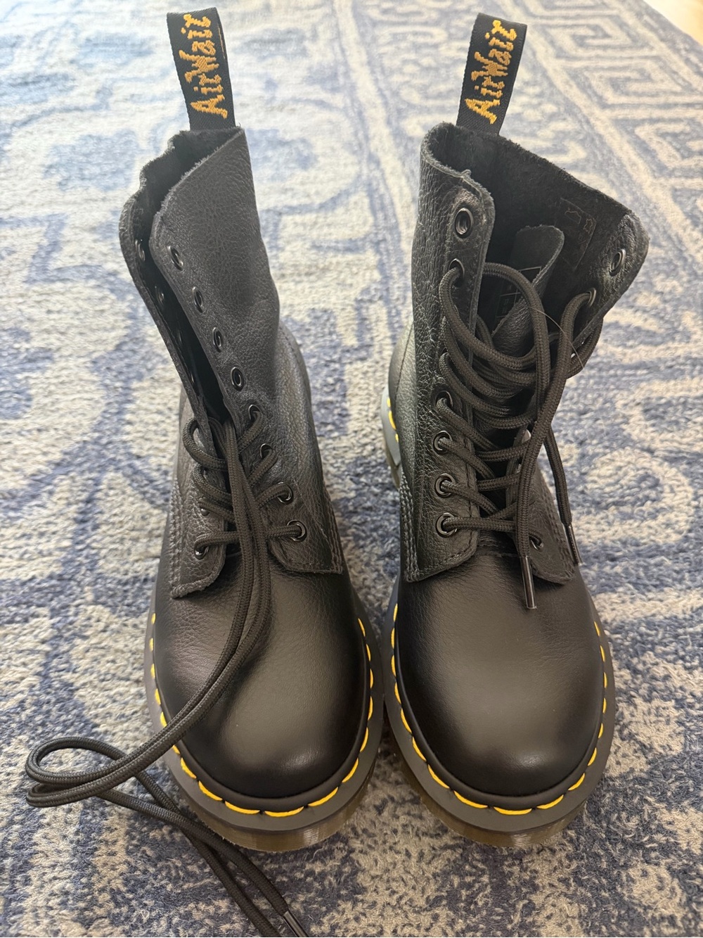 Dr. Martens Black Leather Lace-Up Boots with Yellow Stitching Accent